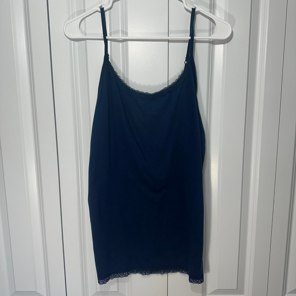Faded Glory Camisole Women L 12-14 Navy Blue Organic Cotton Lace Trim Cami Y2K